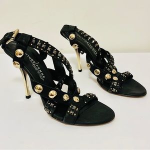 Latitude Femme Italian Black/Gold Studded Crisscross Strappy 5inch Stiletto(8.5)